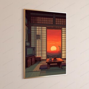 May include: A framed wall art print depicting an interior room with tatami mats, a low wooden table, and a vintage television set. The room features sliding shoji screens that open to a view of a vibrant orange sunset over distant mountains.