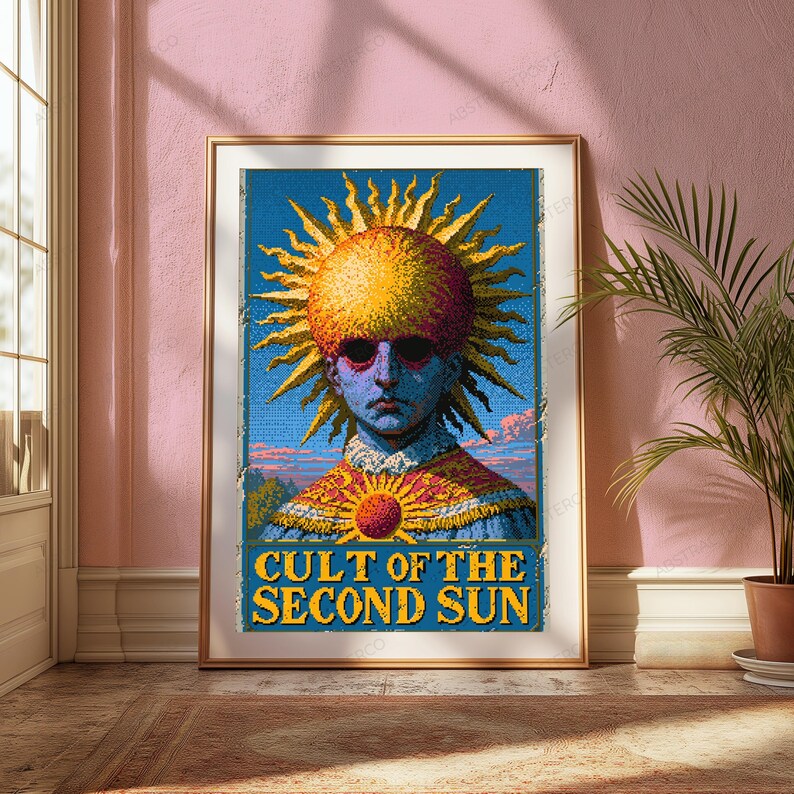 May include: A rectangular poster featuring a central figure with a large, textured yellow sun-shaped head, dark sunglasses, and a blue face. The figure wears a patterned garment with a small sun emblem. The text CULT OF THE SECOND SUN is at the bottom.