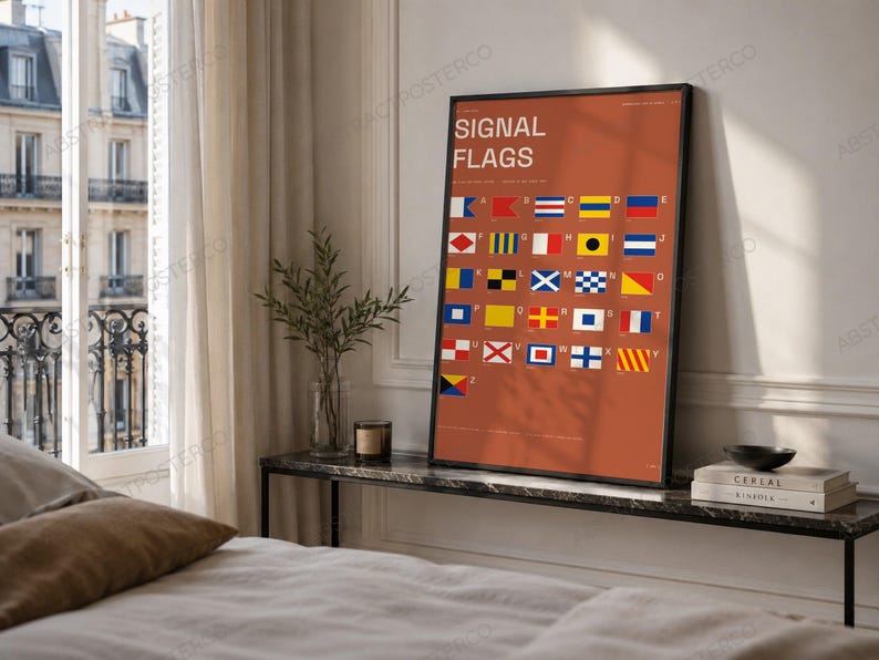 International Signal Flags A-Z Chart in Terracotta shown in a bedroom