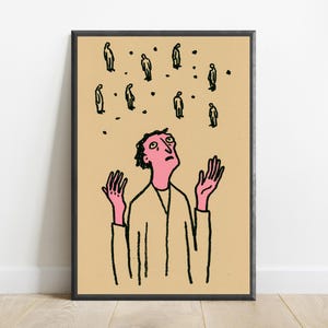 Overweldigde vrouw steekt handen op pop-art print | Muurkunst stress angst | Minimalistisch modern interieur | Digitale download A3 A2 A1 afbeelding 1