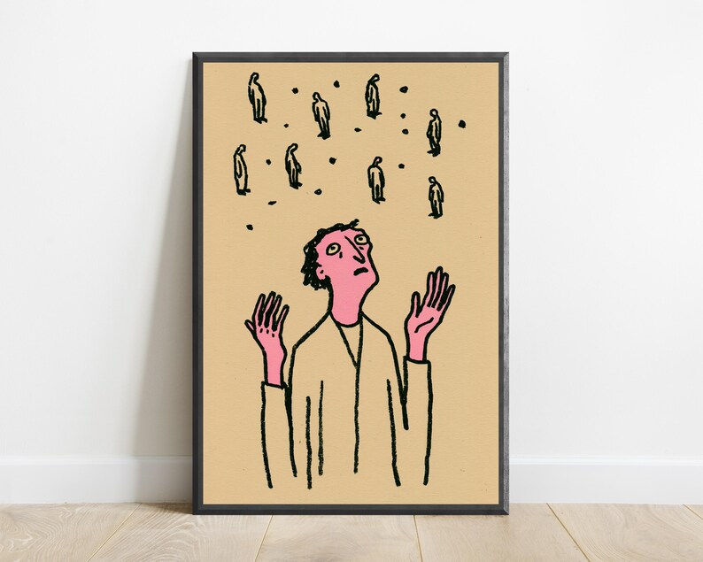 Overweldigde vrouw steekt handen op pop-art print | Muurkunst stress angst | Minimalistisch modern interieur | Digitale download A3 A2 A1 afbeelding 1