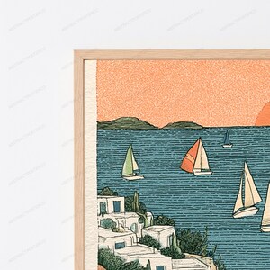 Seaside Villa Sailboats Sunset | Mediterranean Coastal Wall Art | Minimalist Landscape Print | Digital Download A3 A2 A1 image 2