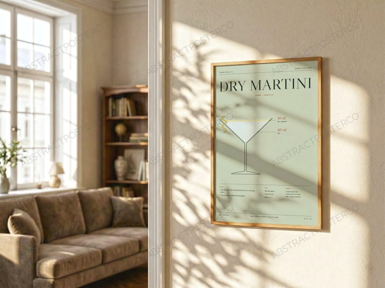 Dry Martini Cocktail Recipe Print in Sage shown in a living room