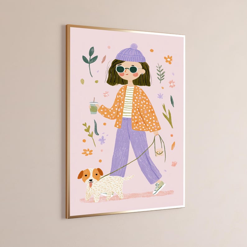 Impressão artística botânica de menina com cachorro | Retrato minimalista | Decoração de parede com estilo peculiar | Download digital A3 A2 A1 imagem 9