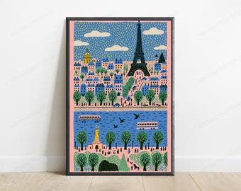 Paris Cityscape Eiffel Tower Print | Colourful Minimalist Wall Art | European Travel Decor | Digital Download A3 A2 A1