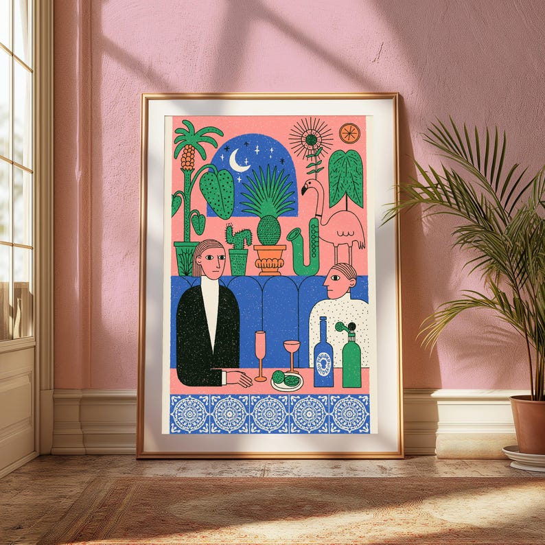 Retro Maximalist Plant Portrait | Boho Couple Wall Art | Nighttime Botanical Decor | Digital Download A3 A2 A1 image 3