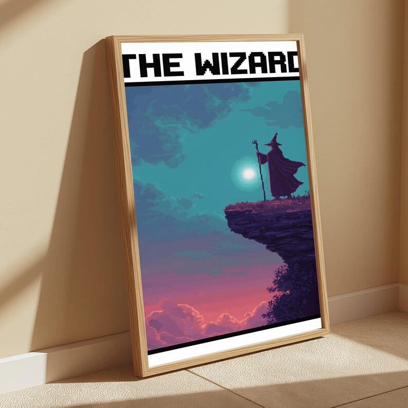 Wizard on Cliff Pixel Art Print | Dark Fantasy Landscape | Mystical Wall Art Decor | Digital Download A3 A2 A1 image 2