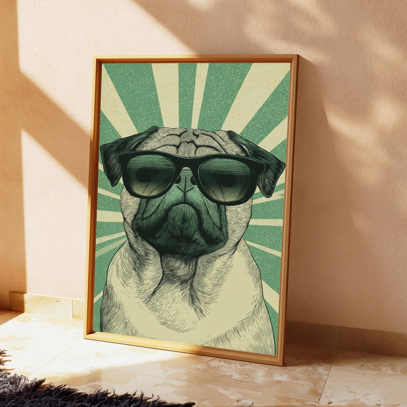May include: A rectangular wall art print featuring a detailed illustration of a pug dog wearing black sunglasses. The pug is centered against a background of radiating light green and cream-colored sunburst lines, framed in a thin wooden border.
