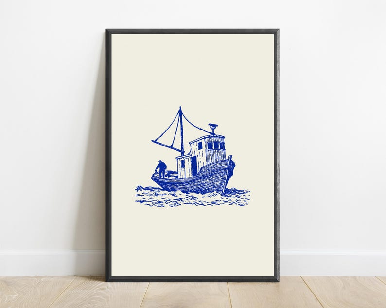 Stampa artistica vintage di una barca da pesca / Decorazione murale nautica costiera / Arredamento marittimo minimalista / Download digitale A3 A2 A1 immagine 7