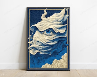 Surreal Eye Gold Line Art Print | Mystical Celestial Clouds (Digital Download)