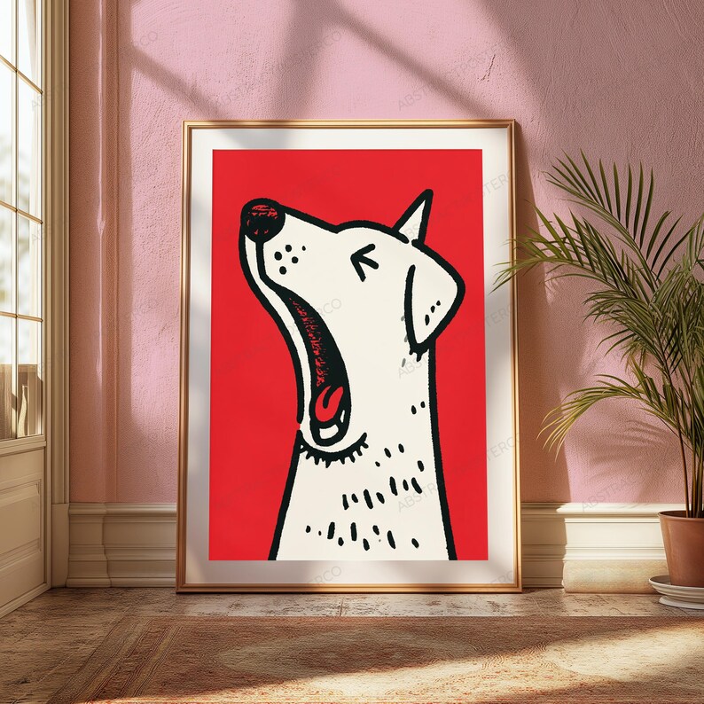 Popkonsttryck med skällande vit hund, röd bakgrund | Djärv grafisk djurväggkonst | Modern heminredning bild 4