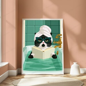 Stampa di un gatto nero con occhiali da sole per vasca da bagno / Divertente arte murale con gatto / Arredamento minimalista per la casa / Download digitale A3 A2 A1 immagine 5