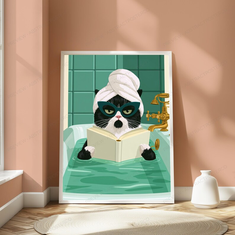 Stampa di un gatto nero con occhiali da sole per vasca da bagno / Divertente arte murale con gatto / Arredamento minimalista per la casa / Download digitale A3 A2 A1 immagine 5