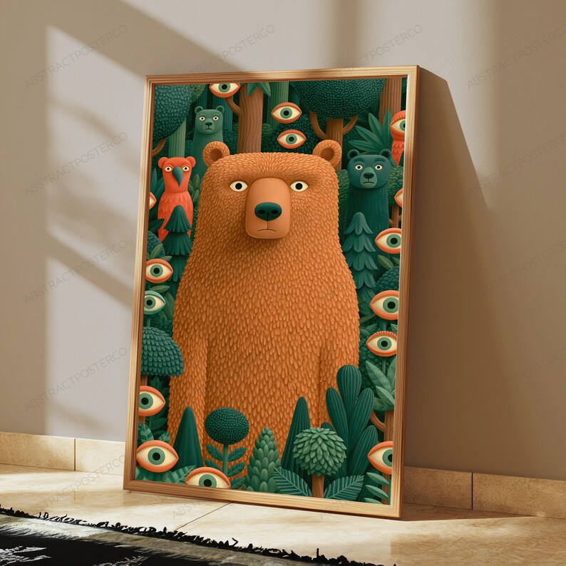 May include: A framed vertical wall art print featuring a large, central orange bear surrounded by a dense forest of dark green trees and foliage. The scene is filled with numerous floating, realistic human-like eyes scattered throughout the forest.