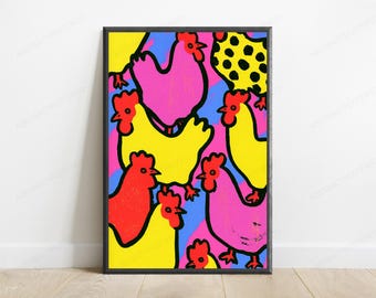 Colourful Chickens Pop Art Print | Vibrant Poultry Wall Art | Bold Farmyard Illustration | Digital Download A3 A2 A1