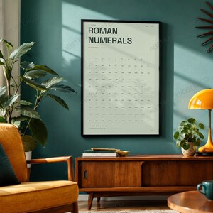 Learn Roman Numerals Chart Print in Sage shown in a living room