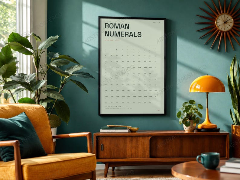 Learn Roman Numerals Chart Print in Sage shown in a living room