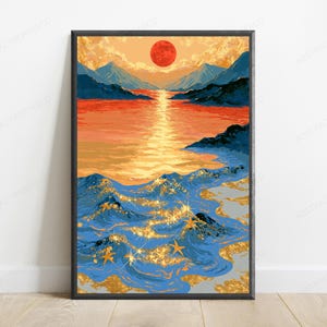 May include: A framed vertical wall art print depicting a landscape with a large red sun setting over a calm orange body of water between dark blue mountains. The foreground features stylized blue ocean waves with gold glitter accents and starfish.