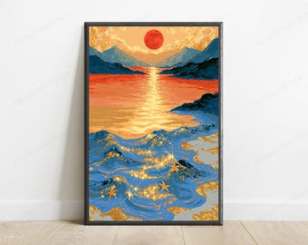Art mural étoile de mer dorée coucher de soleil sur la montagne | Paysage soleil rouge orange | Impression nature minimaliste | Téléchargement numérique A3 A2 A1