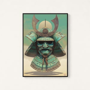 May include: A framed wall art print featuring a teal-colored samurai helmet and neck guard with a weathered, oxidized metal texture. The helmet includes a prominent crescent-shaped crest and a face mask with a brown cord tied under the chin.