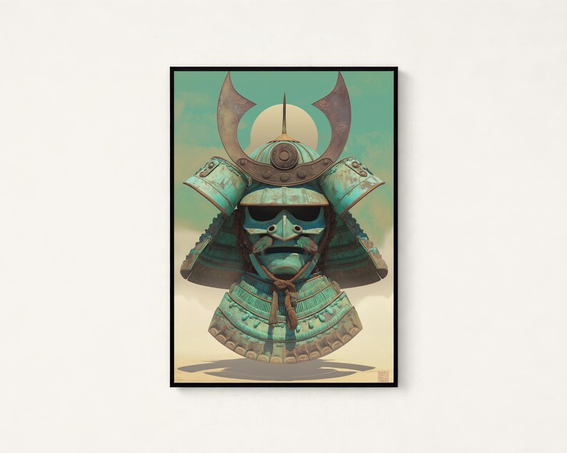 May include: A framed wall art print featuring a teal-colored samurai helmet and neck guard with a weathered, oxidized metal texture. The helmet includes a prominent crescent-shaped crest and a face mask with a brown cord tied under the chin.