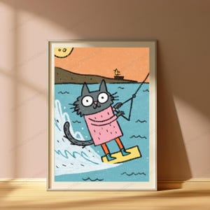 Happy Surfing Cat Pop Art Print | Cute Kitten Beach Wall Art | Minimalist Summer Decor | Digital Download A3 A2 A1 image 4