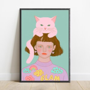 Minimalistisk popkonst-tryck med flicka med rosa katt | Nyckfullt porträttväggkonst | Söt heminredning | Digital nedladdning A3 A2 A1 bild 1