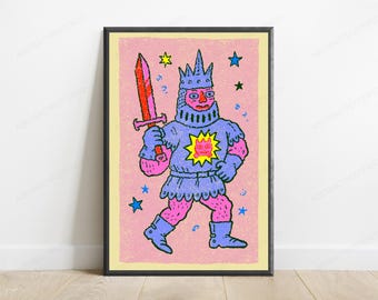 Colorful Demon Warrior Pop Art Print | Glitter Crown King with Sword Wall Art | Quirky Character | Digital Download A3 A2 A1
