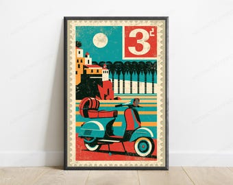 Vintage Reise-Plakat für Vespa Retro mediterrane Kunst | Minimalistische Wanddekoration | Digitaler Download A3-A2-A1