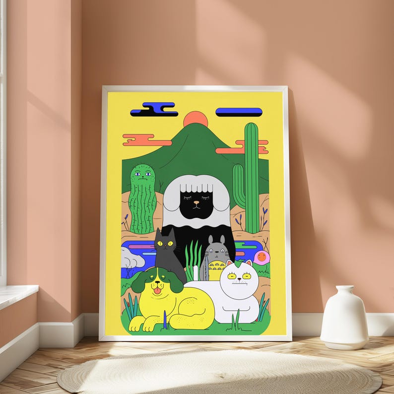 Desert Mountain Cats Cacti Wall Art | Colourful Boho Minimalist Print | Quirky Animal Home Decor | Digital Download A3 A2 A1 image 5