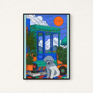 May include: A framed digital illustration featuring a grey and white dog sitting on a colorful checkered floor. The scene includes a turntable, vinyl records, potted plants, a blue building structure, and a bright orange sun in the sky.