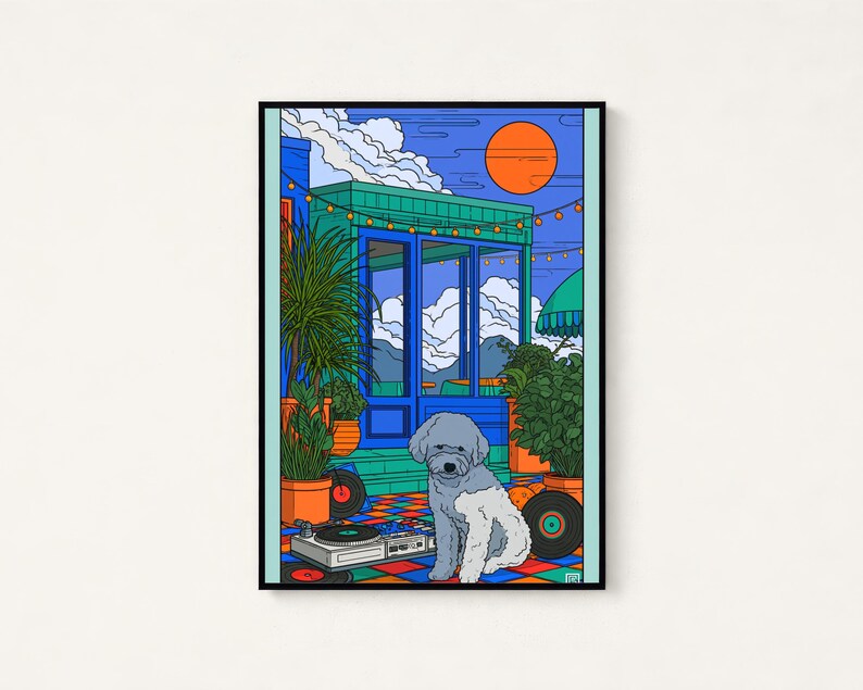 May include: A framed digital illustration featuring a grey and white dog sitting on a colorful checkered floor. The scene includes a turntable, vinyl records, potted plants, a blue building structure, and a bright orange sun in the sky.