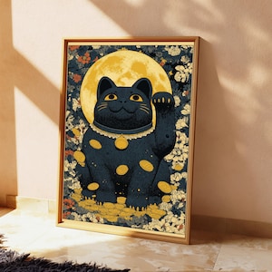 May include: A framed vertical art print featuring a black beckoning cat centered against a large yellow full moon. The cat wears a gold collar with a bell, surrounded by a dark floral background and scattered gold coins on the ground below.