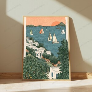 Seaside Villa Sailboats Sunset | Mediterranean Coastal Wall Art | Minimalist Landscape Print | Digital Download A3 A2 A1 image 4