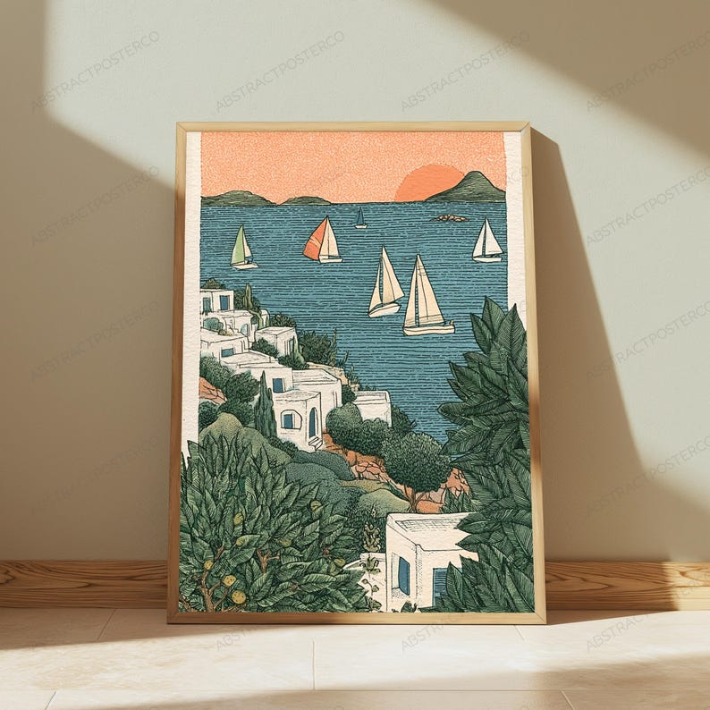 Seaside Villa Sailboats Sunset | Mediterranean Coastal Wall Art | Minimalist Landscape Print | Digital Download A3 A2 A1 image 4