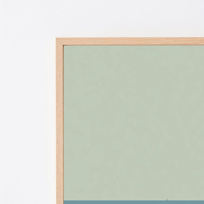 May include: A rectangular wall art piece featuring a light sage green upper section and a solid dark blue lower section, enclosed within a light-toned wooden frame. The composition is divided horizontally by a clean, straight line.