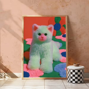 Flauschige Weiße Katze Pop Art Print | Bunte Kaktus-Blumen | Niedliche minimalistische Wandkunst | Digitaler Download A3-A2-A1 Bild 4