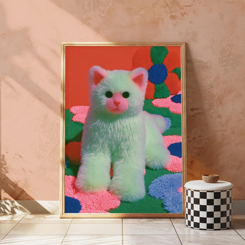 Flauschige Weiße Katze Pop Art Print | Bunte Kaktus-Blumen | Niedliche minimalistische Wandkunst | Digitaler Download A3-A2-A1 Bild 4