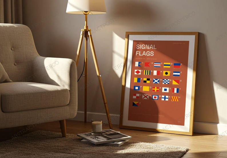 International Signal Flags A-Z Chart in Terracotta shown in a hallway