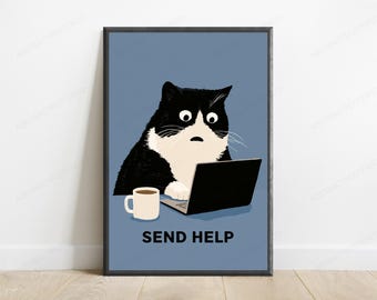 Stressed Cat Laptop Coffee Mug Print | Send Help Funny Office Wall Art | Minimalist Pop Art Poster