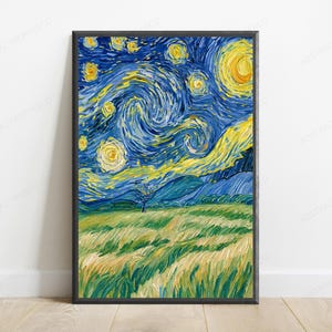May include: A framed vertical art print featuring a post-impressionist style landscape painting. The image displays a swirling dark blue night sky filled with bright yellow stars and a crescent moon above a field of green and golden wheat grass.