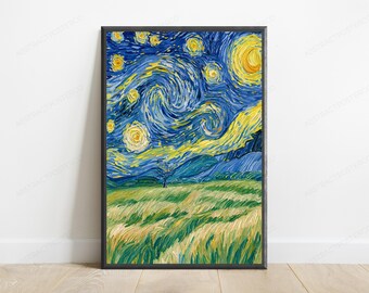 Starry Night Field Landscape Print | Swirling Sky Wall Art | Van Gogh Inspired Art Print | Digital Download A3 A2 A1