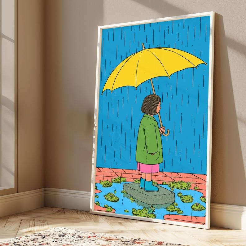 Mädchen mit gelbem Regenschirm-Regen-Druck | Minimalistisches Wetter Wandkunst | Gemütliches Wohndekor | Digitaler Download A3-A2-A1 Bild 2