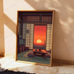 May include: A framed wall art print depicting a Japanese-style room with shoji screens, a low wooden table, and a vintage television set. Through the open doorway, a vibrant orange sunset illuminates the distant mountains and silhouetted trees.