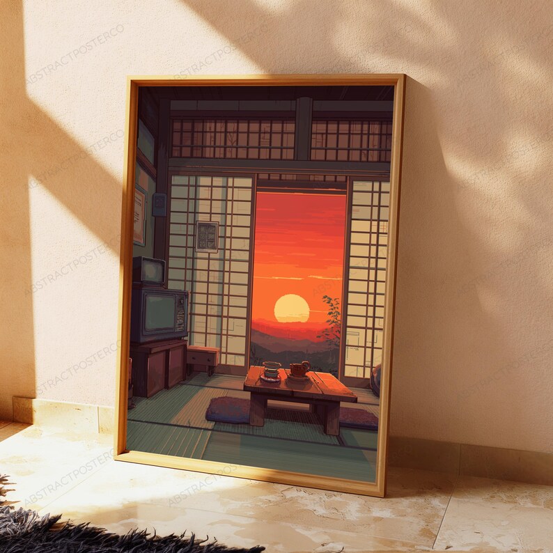 May include: A framed wall art print depicting a Japanese-style room with shoji screens, a low wooden table, and a vintage television set. Through the open doorway, a vibrant orange sunset illuminates the distant mountains and silhouetted trees.