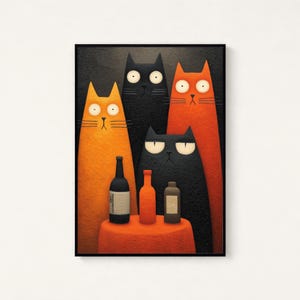 May include: A framed art print featuring four stylized cats in orange and black, with large eyes and simple features. A small orange table holds three bottles. The background is a dark gray.