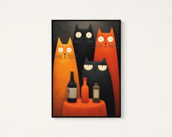 Four Cats Japanese Folk Art Print | Whimsical Feline Illustration (Digital Download)