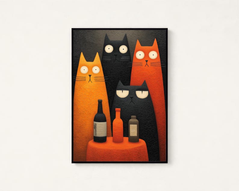 May include: A framed art print featuring four stylized cats in orange and black, with large eyes and simple features. A small orange table holds three bottles. The background is a dark gray.