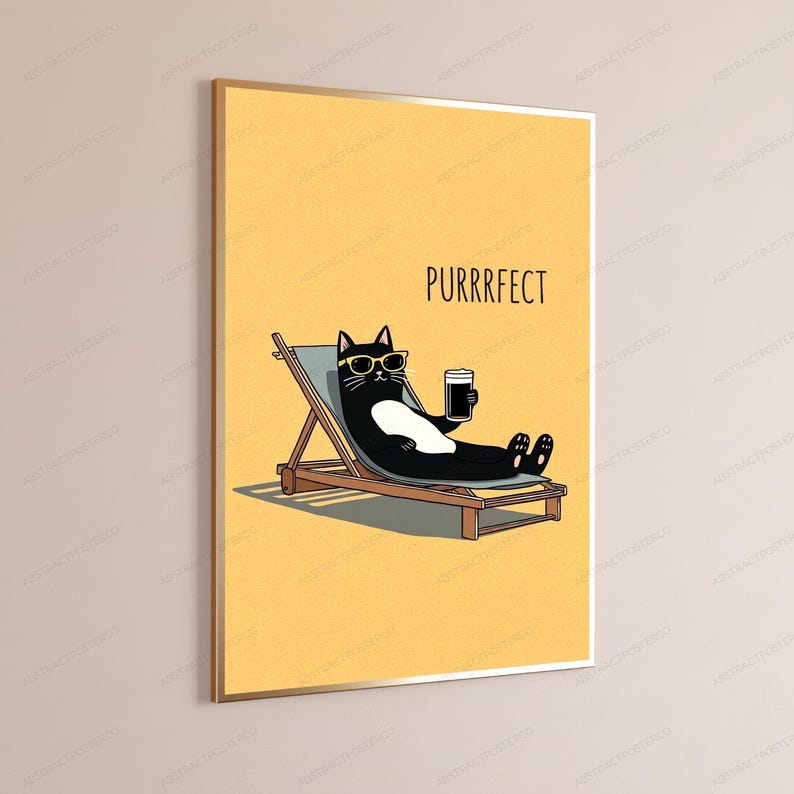 May include: A framed wall art print featuring a black and white cat wearing yellow sunglasses, reclining on a wooden lounge chair while holding a dark beverage. The background is a solid yellow color with the text PURRRFECT printed in black.