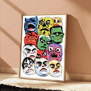 May include: A rectangular framed poster featuring a collage of various stylized monster and human faces in vibrant colors including blue, yellow, red, green, and purple. The artwork displays a comic book aesthetic with bold outlines and dot patterns.